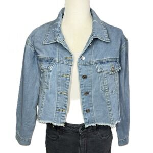 New Cropped Distressed Jean Jacket Women's XS Light Wash Denim Raw Hem Gacaky